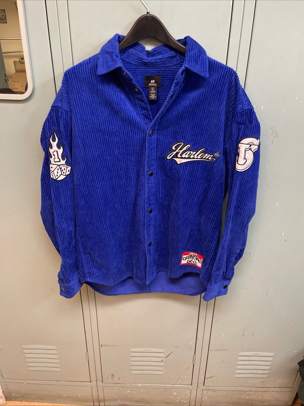 H&M Royal Blue Oversized Corduroy Button-Down Shirt with Embroidered Patches